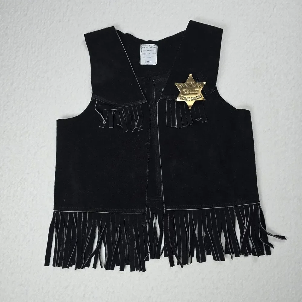 JR Palacios Black Suede Leather Vest Western Cowboy Fringe Costume Large Marshal
